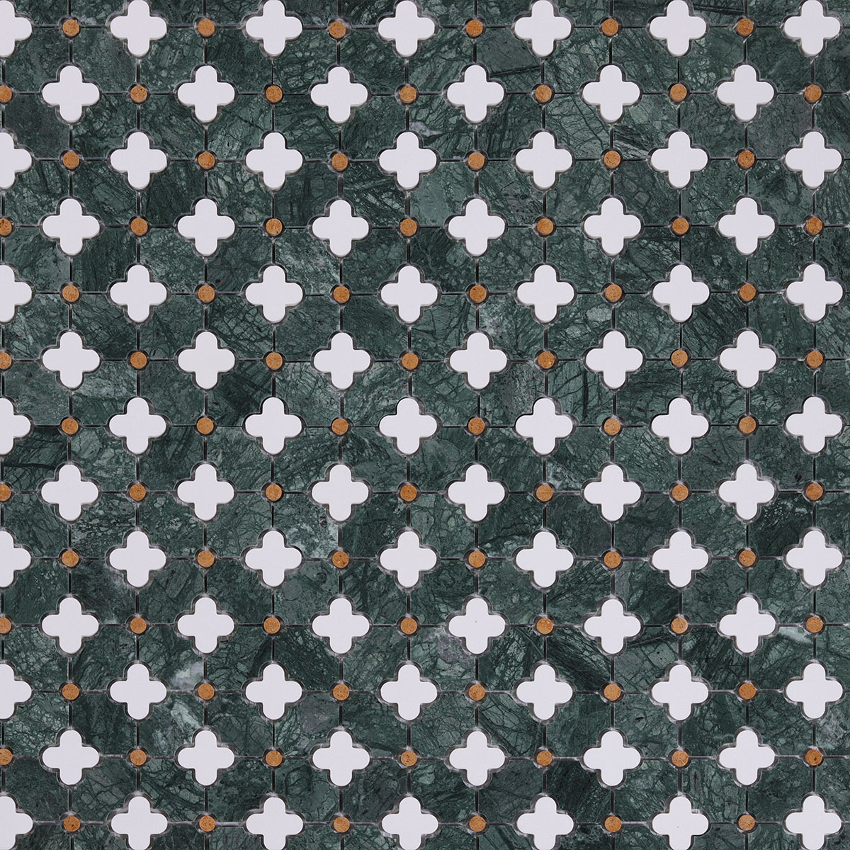 Front view of green marble mosaic tiles with plum blossom, white and yellow flowers.