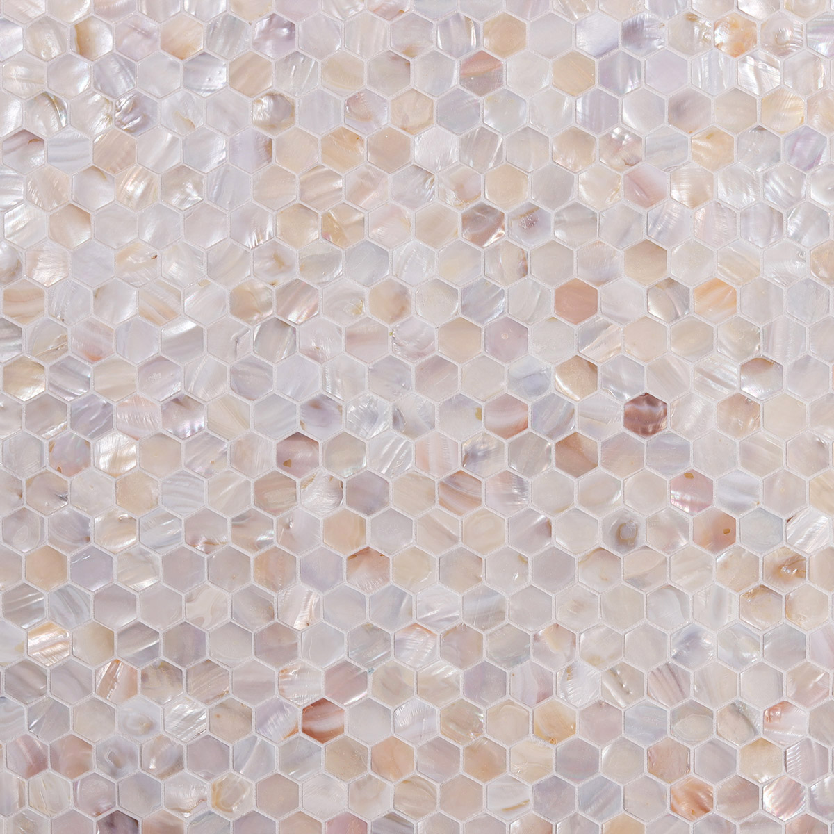 Natural Mother of Pearl Hexagon Mosaic Tiles, obverse side view, glossy and iridescent finish.