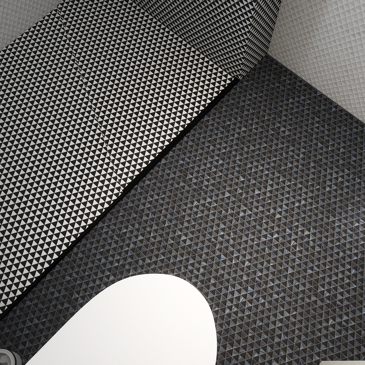 Bathroom design featuring Black and White Triangle Glass Mosaic Tile
