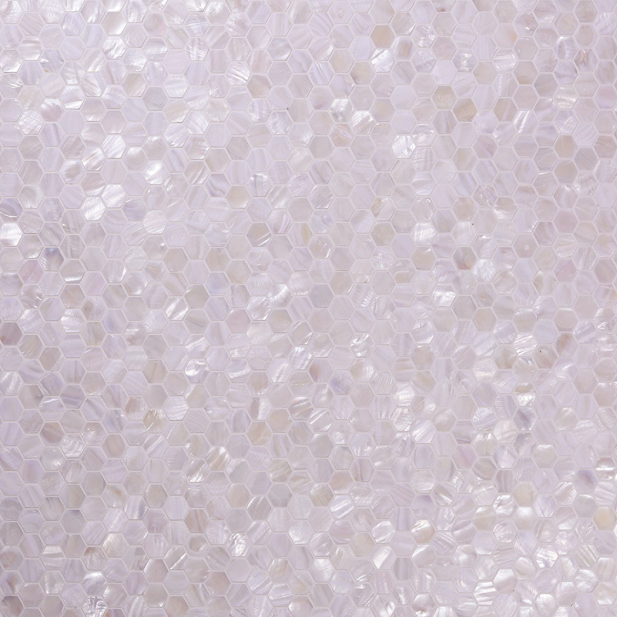Front view of white hexagon mother of pearl mosaic tiles.