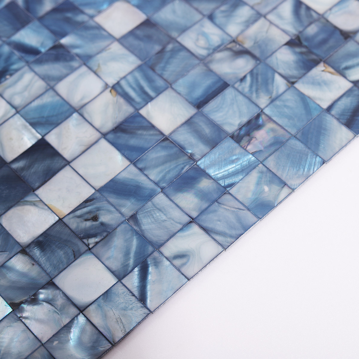 Side View Showing Thickness of Iridescent Blue Mother of Pearl Mosaic Tile
