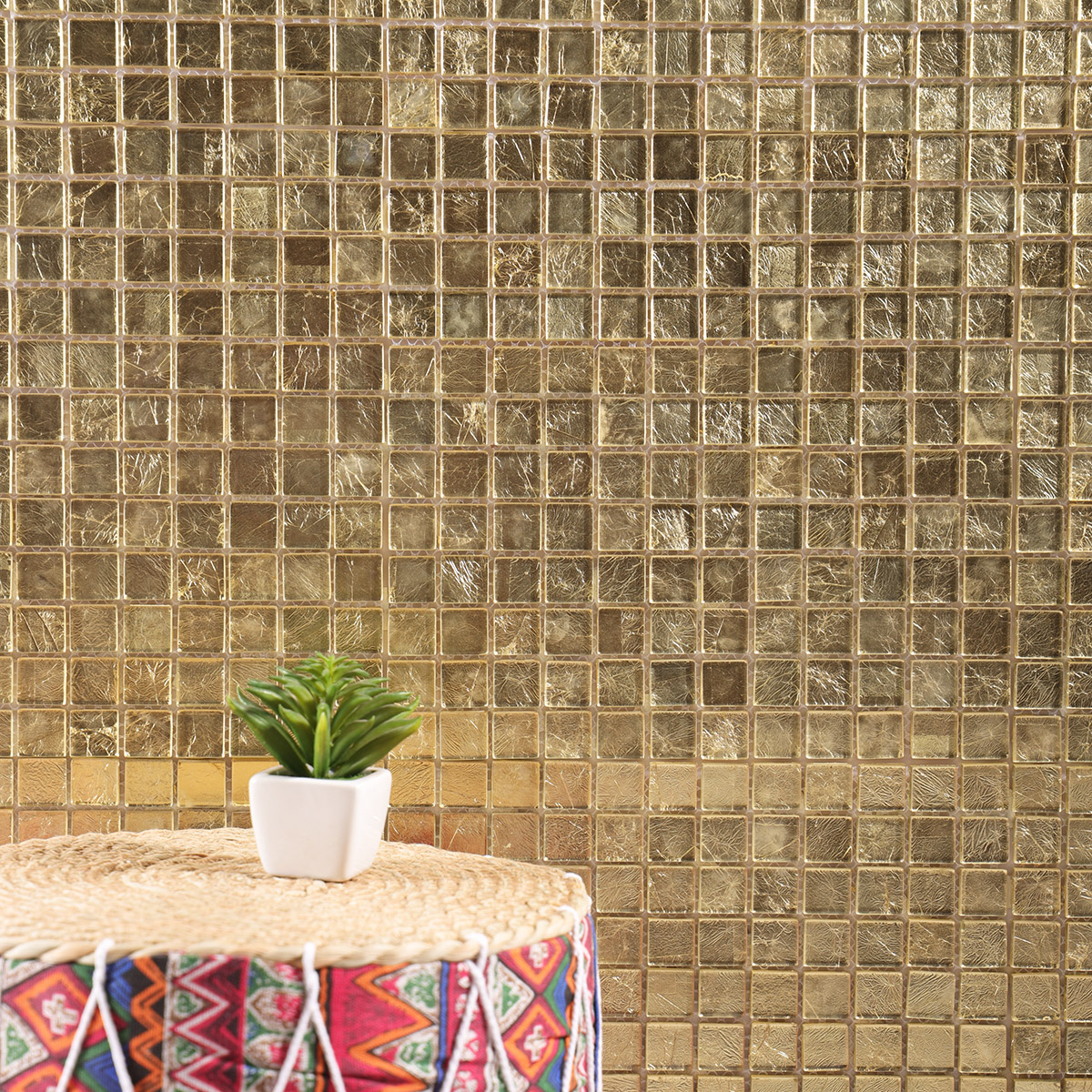 Glossy Gold Square Glass Mosaic Tile on Wall Background