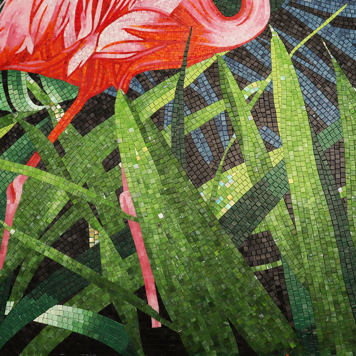Close-up of Artistic Flamingo Pattern in Glass Mosaic