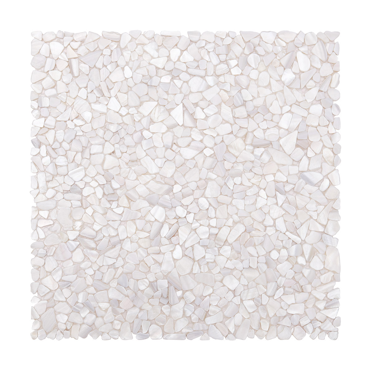 Front view of a single white pearl fragment mosaic tile