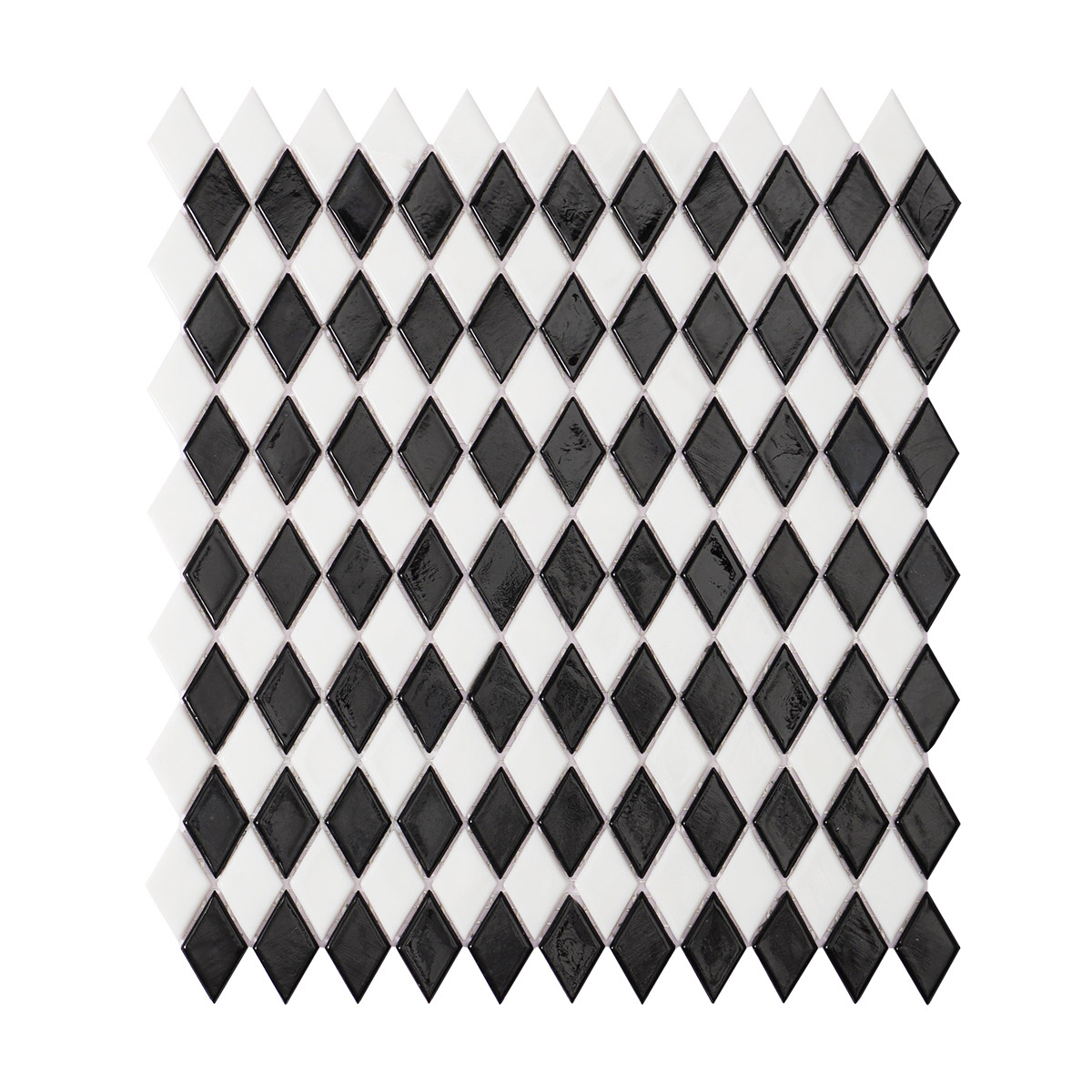 Obverse side of black and white checkerboard diamond glass mosaic tiles.