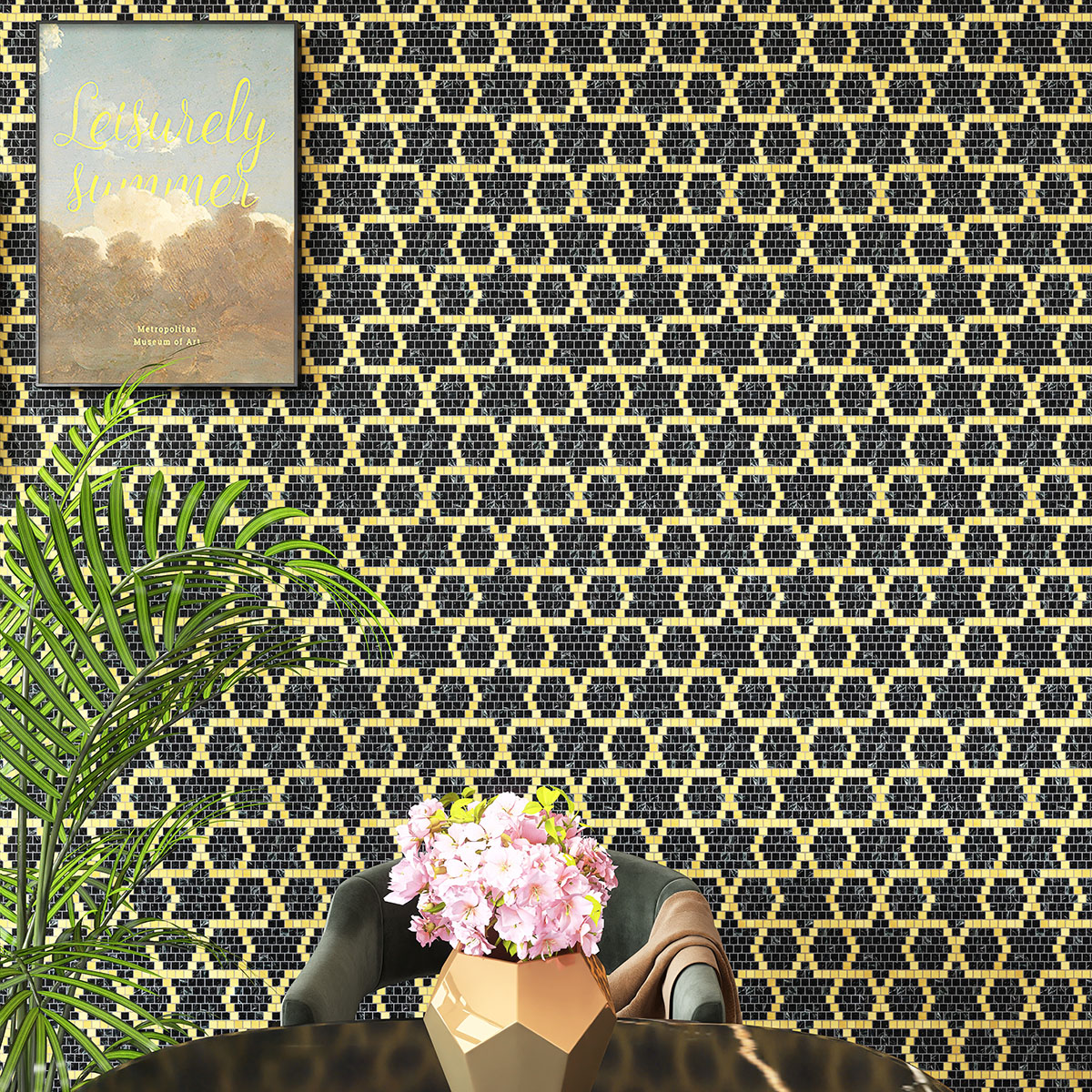 Wall with green marble and metal pixel art mosaic, accompanied by a green chair and a plant