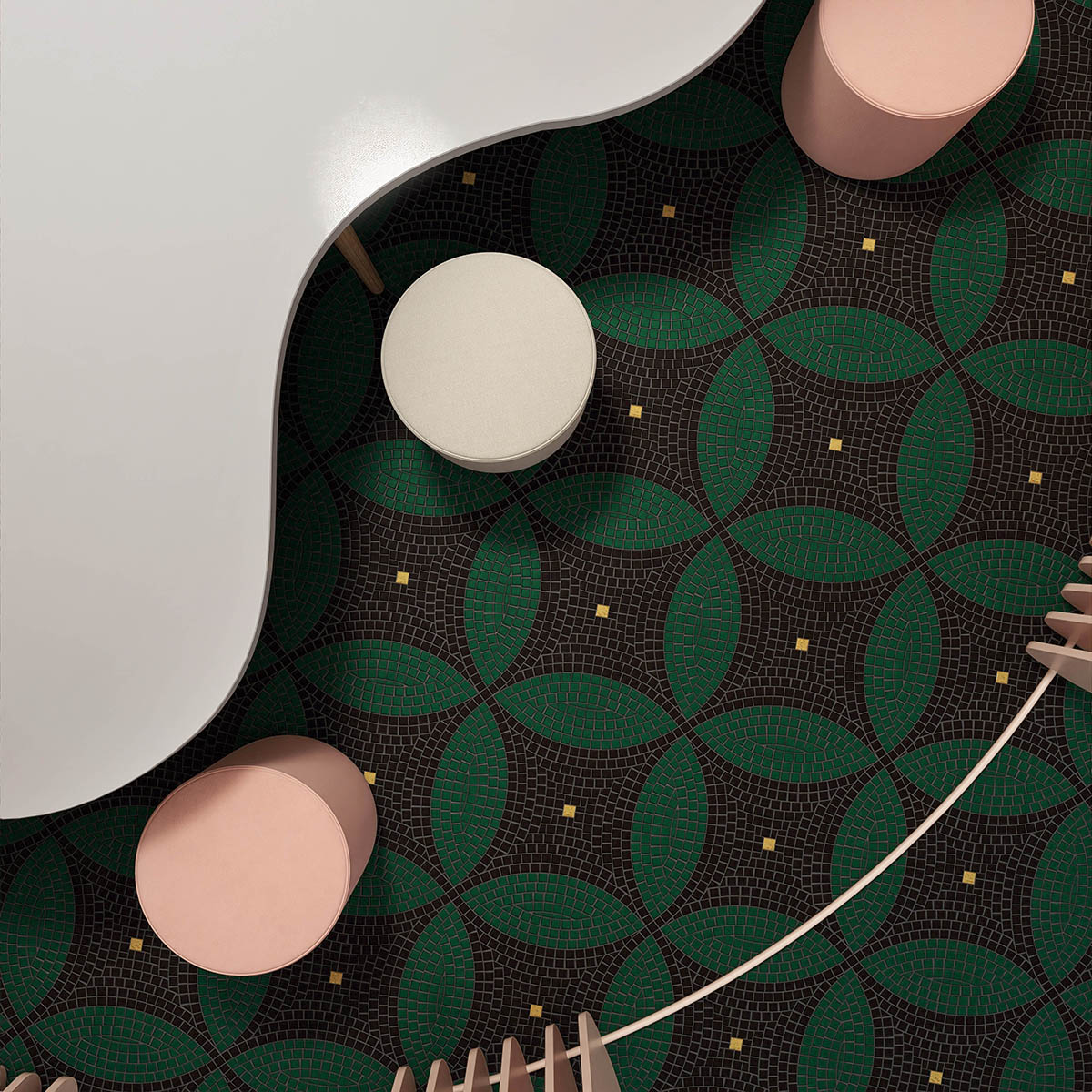 Hall scene with glass mosaic tiles with hand-cut art patterns on the floor