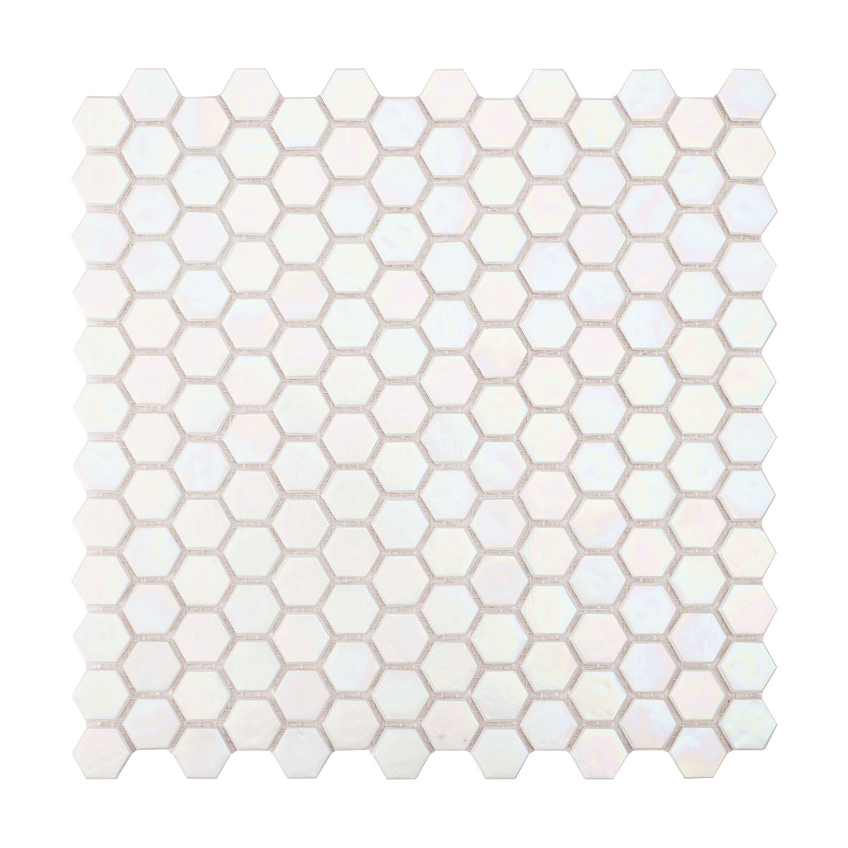 Hexagonal glass mosaic tiles with iridescent rainbow and white hues in a single sheet view.
