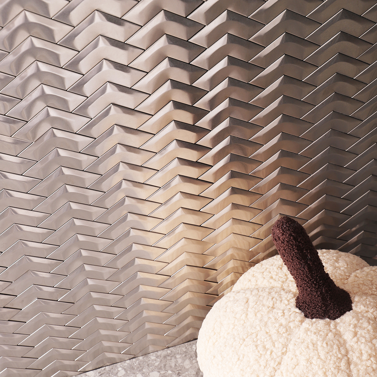 Interior featuring 3D Silver Stainless Steel Herringbone Mosaic Tiles, gray floor tiles