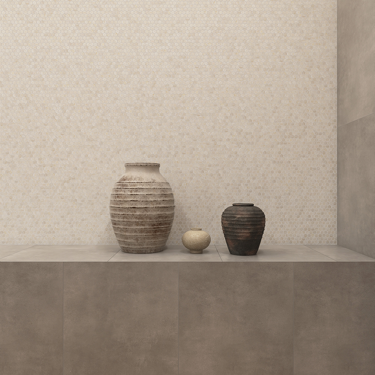 Hexagon Beige Glass Mosaic Wall Tile on bathroom walls, adding texture and style