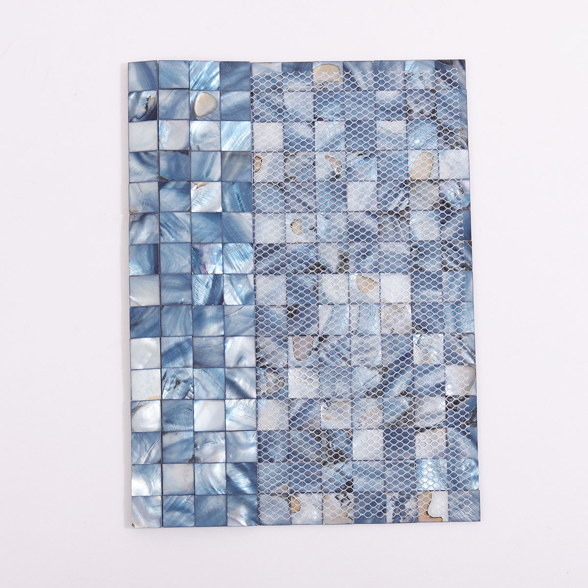Backside of Iridescent Blue Mother of Pearl Square Mosaic Tile with Mesh Backing