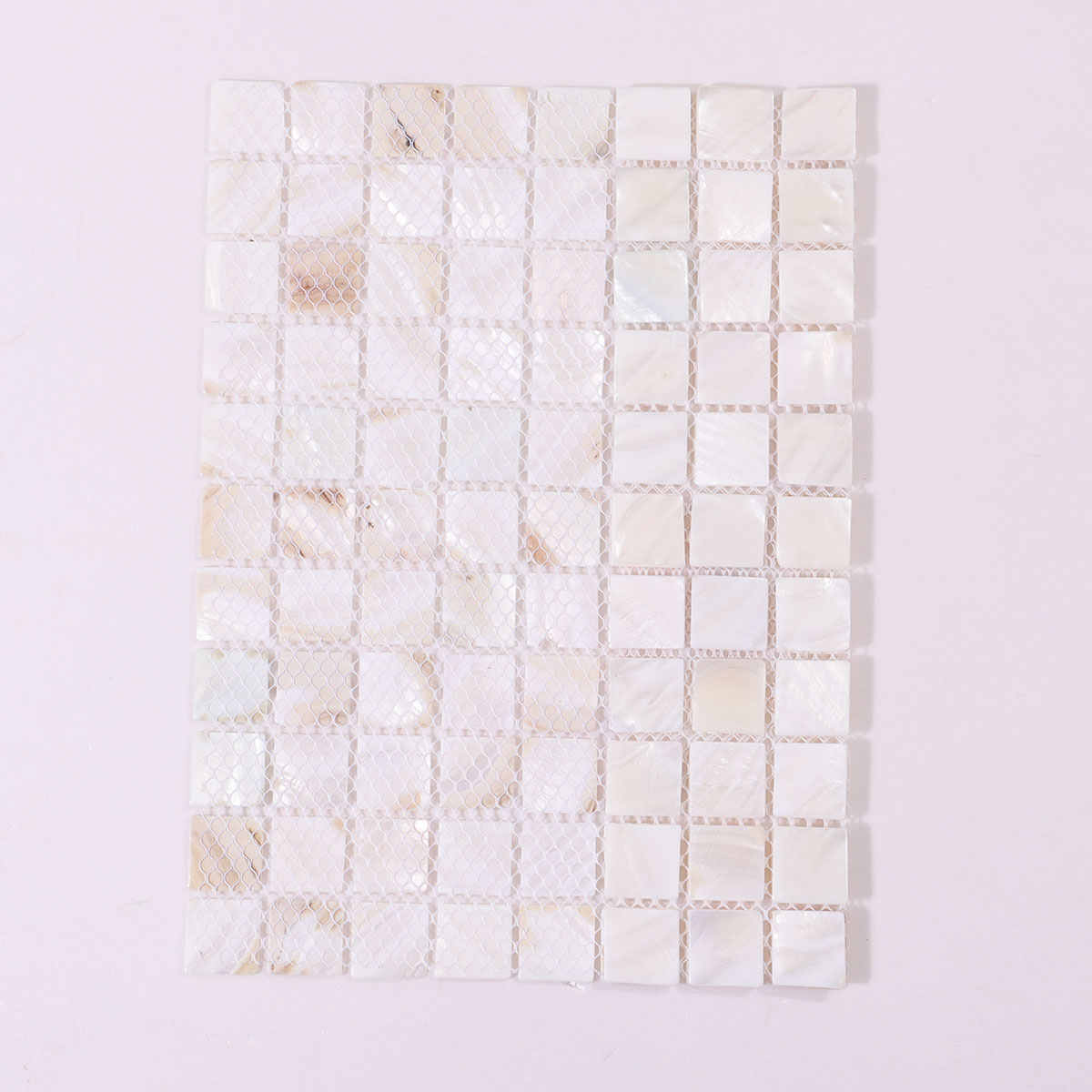 Backside of White Natural Shell Square Nacre Mosaic Tile with Mesh Backing