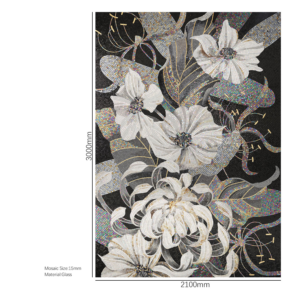 Full View of Black and White Flower Mosaic Art with Dimensions Displayed