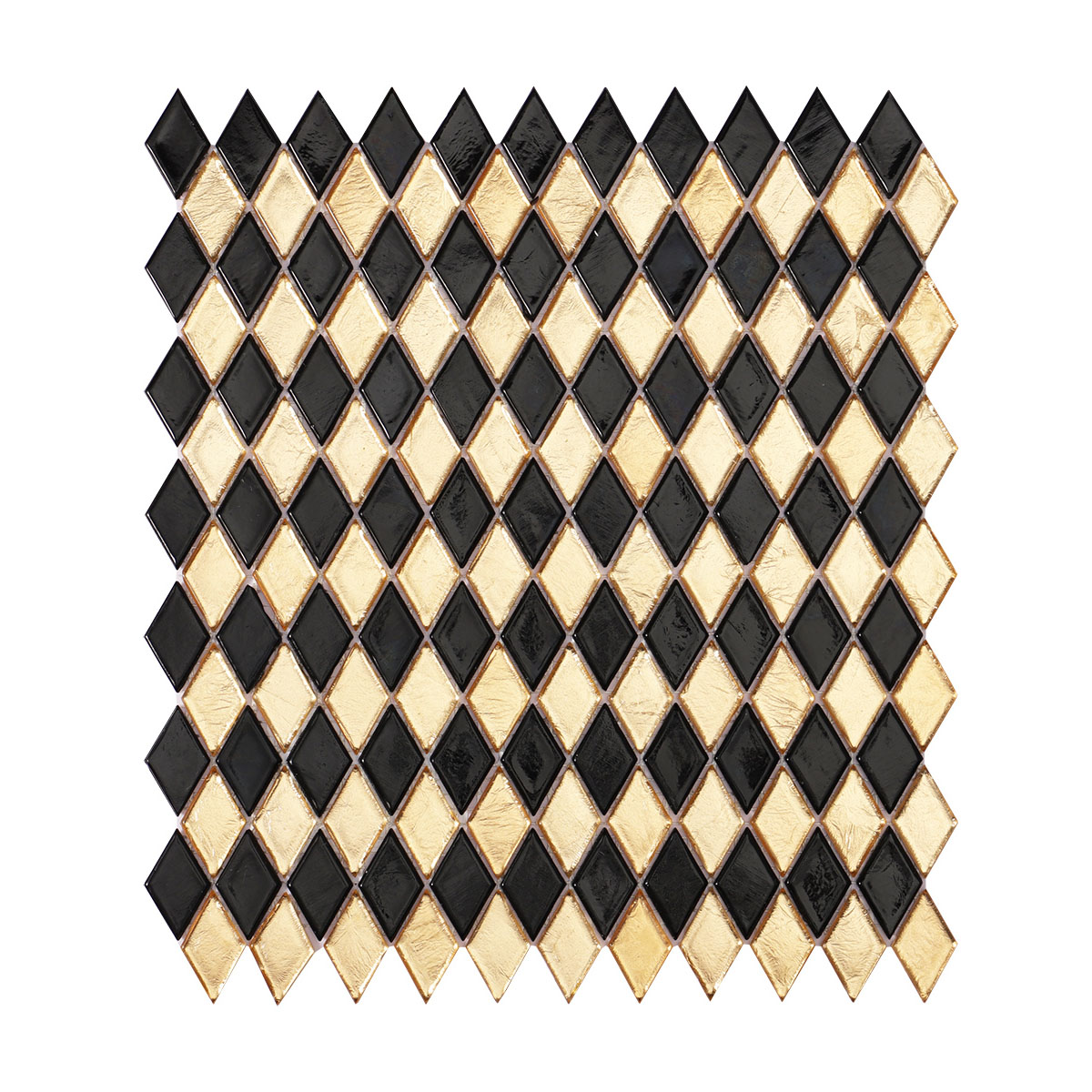 Front view of a single black and gold diamond checkerboard glass mosaic tile