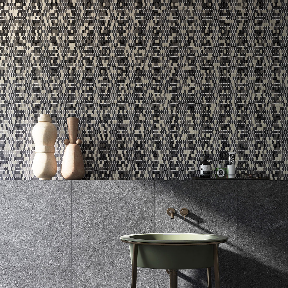 Modern bathroom design with metallic and gray Picket mosaic tiles.