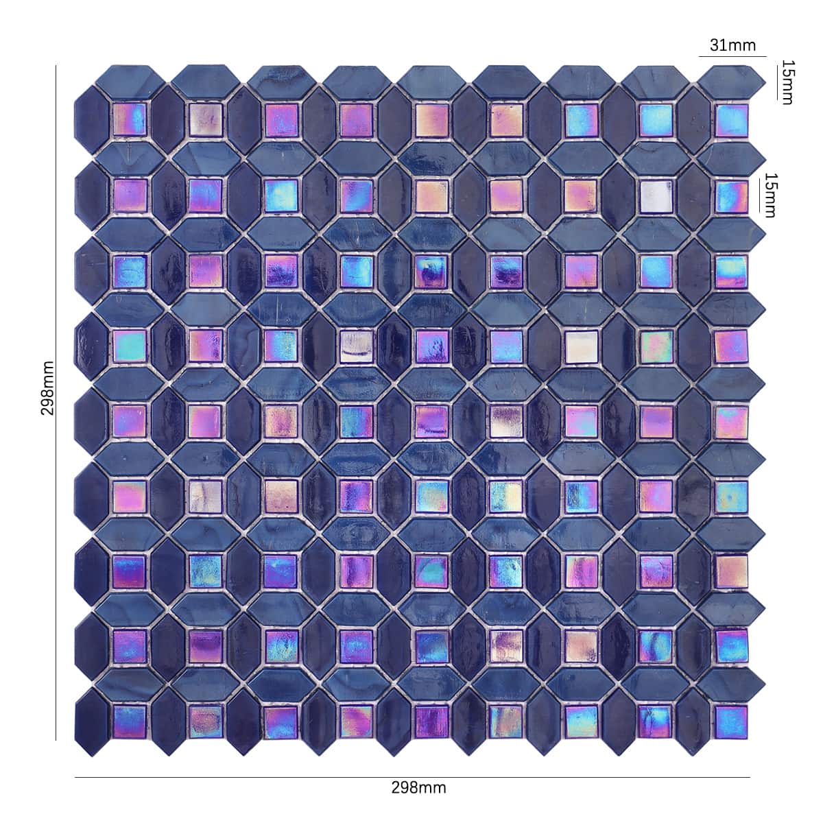 Iridescent  Picket and Square  Blue Glass Mosaic Tiles