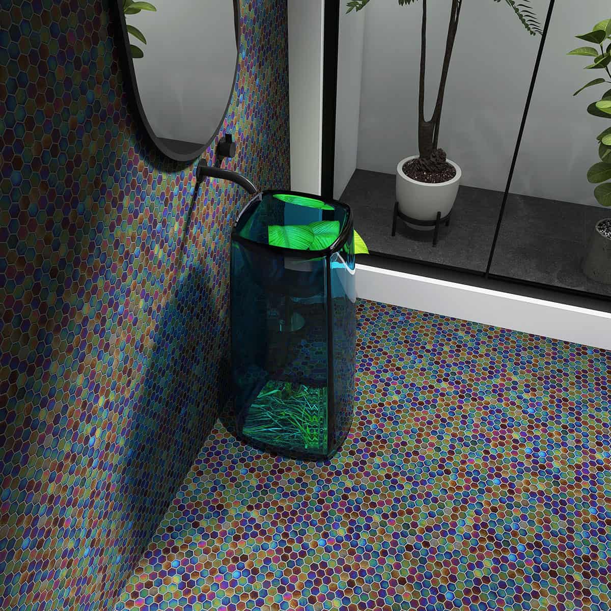 Iridescence Rainbow Hexagonal Glass Mosaic Tiles