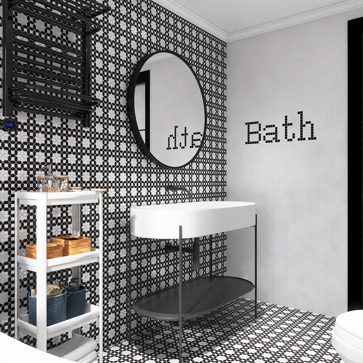 Picket with Square Basket Weave Mosaic Tiles in bathroom