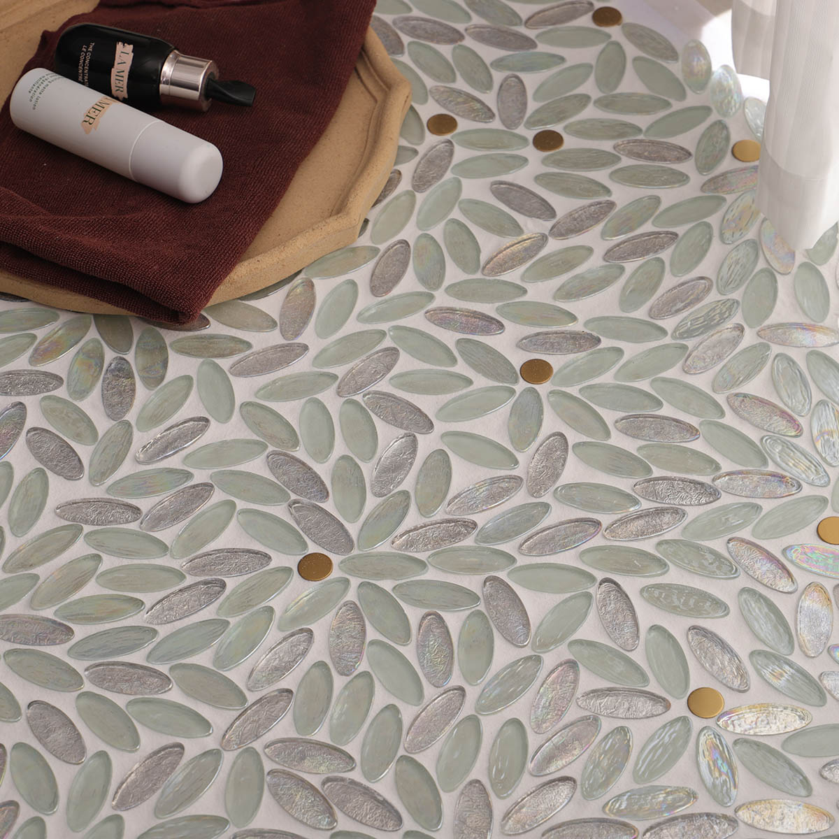 Iridescent White Oval Glass Mosaic mixed Gold Metal  Accents