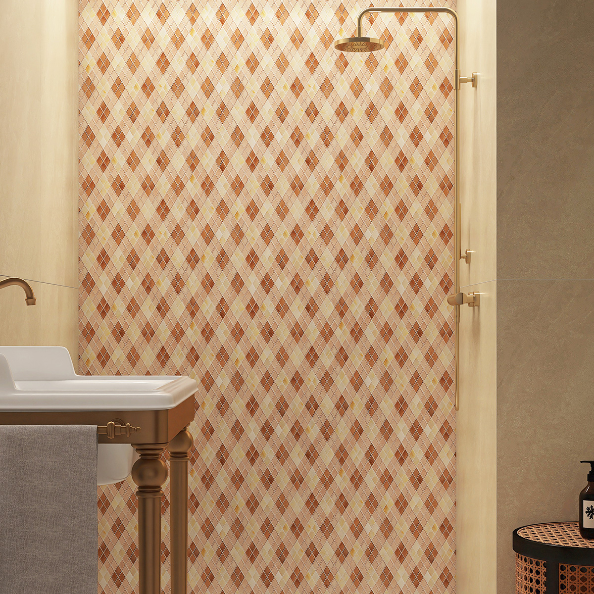 Beige diamond-patterned glass mosaic tiles on a vintage bathroom wall.