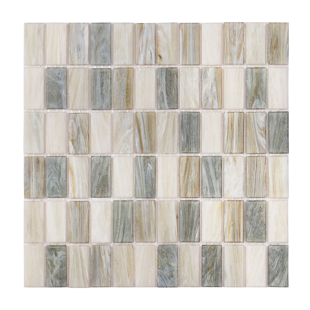 A sheet of rectangle beige multicolor glass mosaic tiles.
