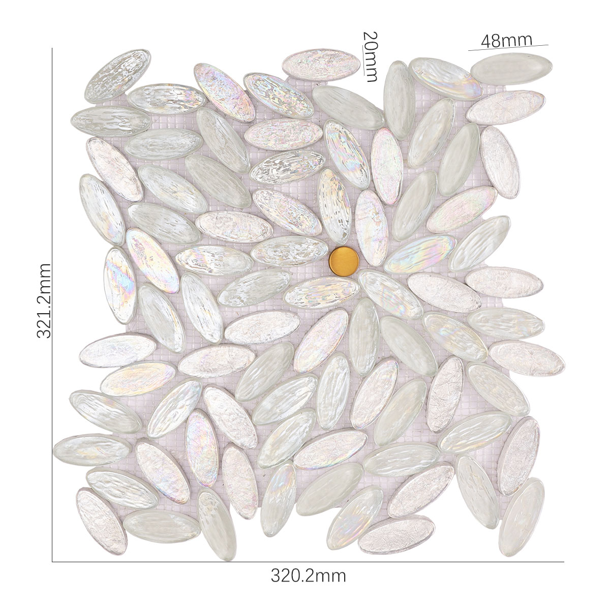 Iridescent White Oval Glass Mosaic mixed Gold Metal  Accents