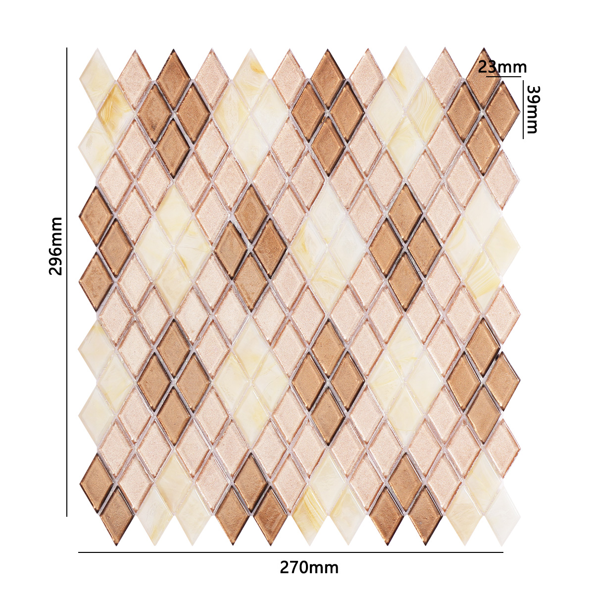 Sheet of beige diamond-patterned glass mosaic tiles, front side with size details.