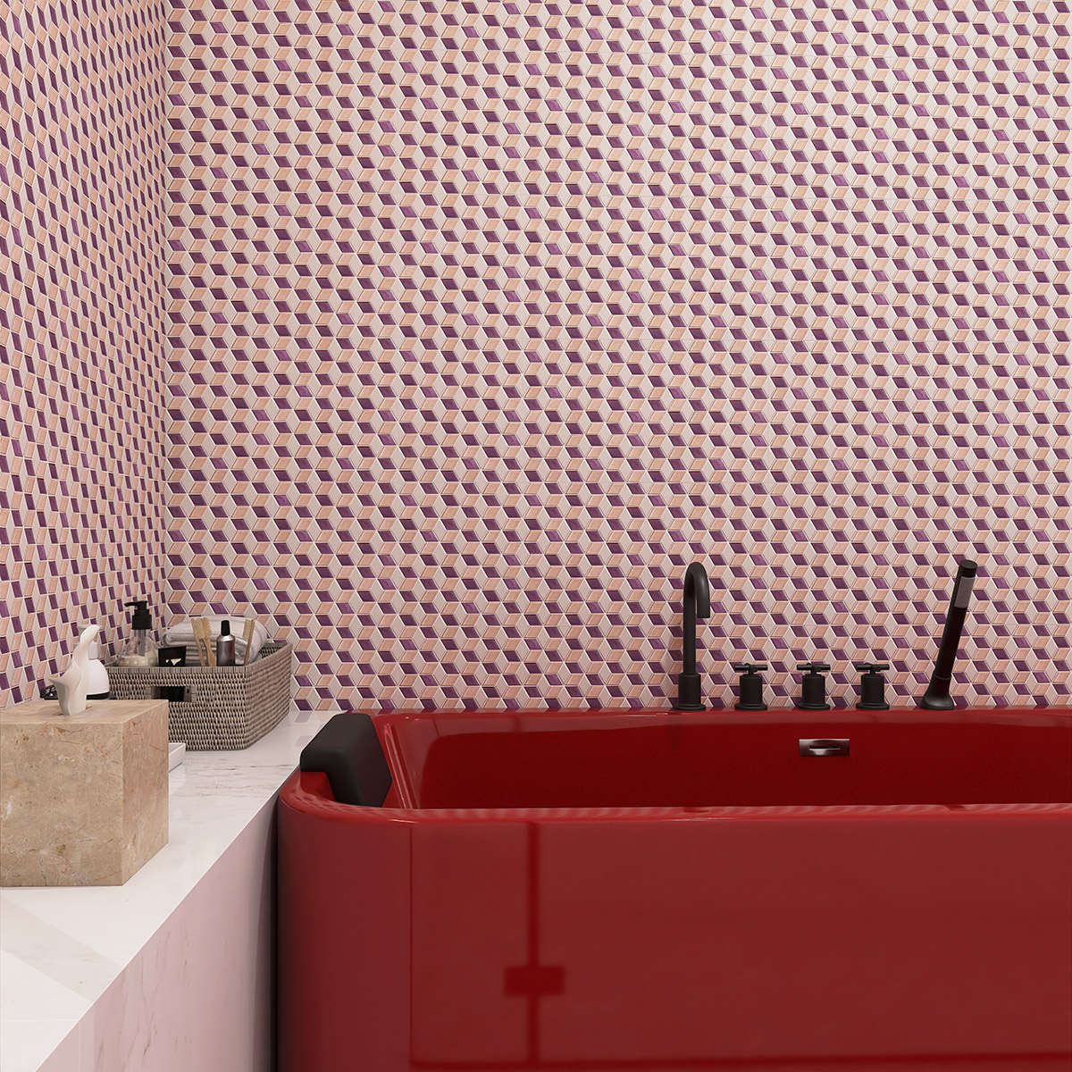 Pink and purple diamond-shaped glass mosaic tiles on bathroom wall, with a red bathtub.