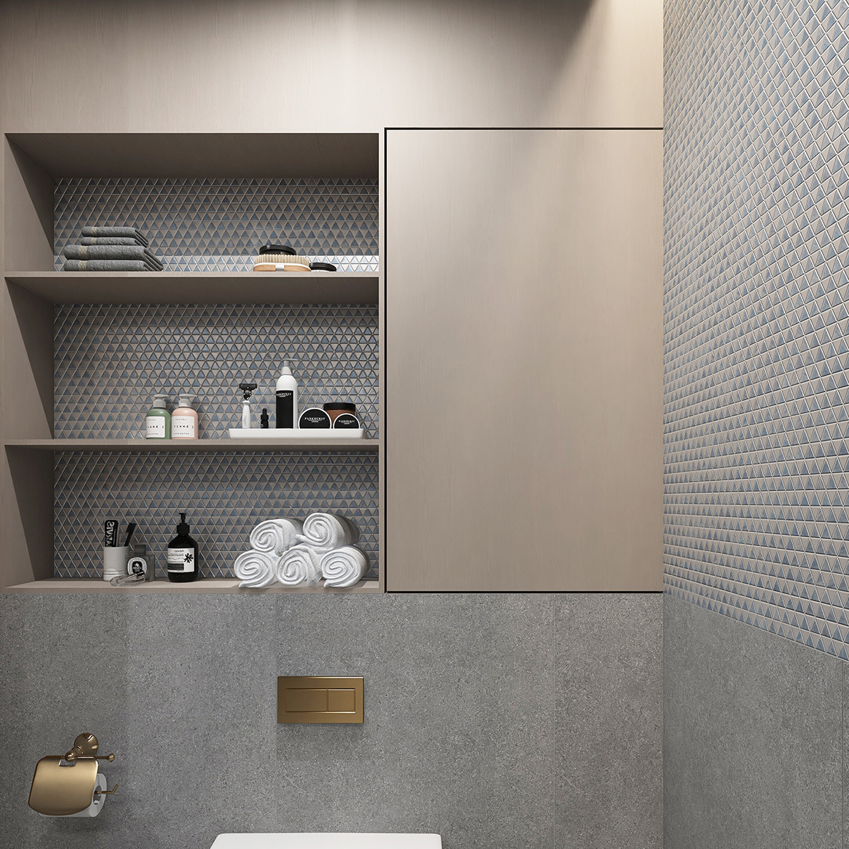 Blue and white checkerboard triangle glass mosaic tiles on bathroom niche wall.