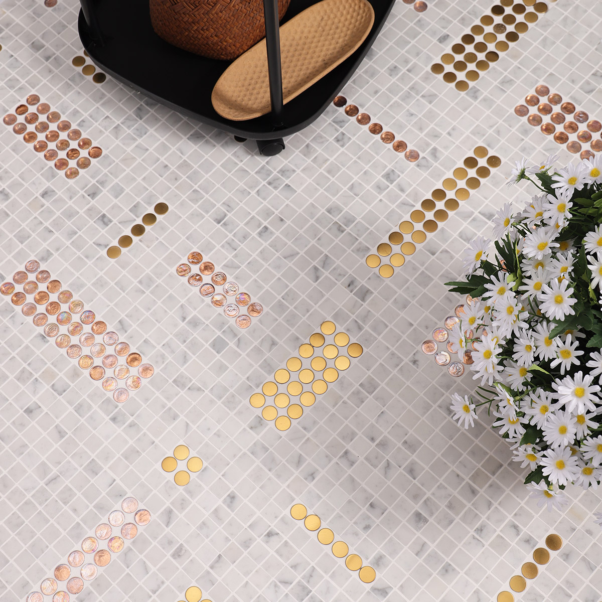 White marble mixed metal mosaic floor tiles with a flower decoration