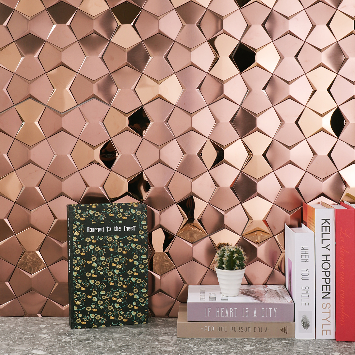 rose gold 3D metal mosaic tiles on a feature wall in a modern living room