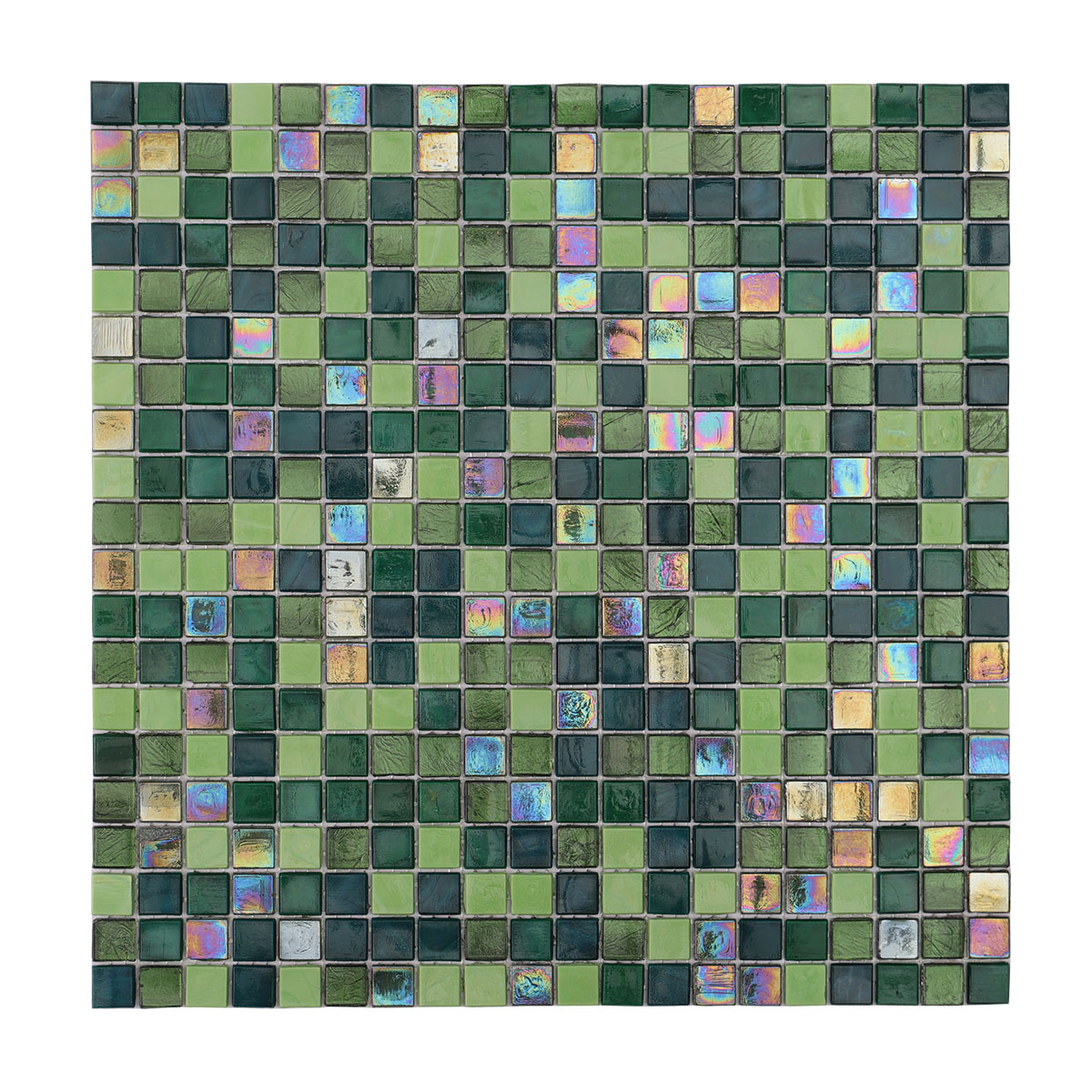 Green mixed multicolor iridescent glass mosaic tiles, displaying a vibrant 