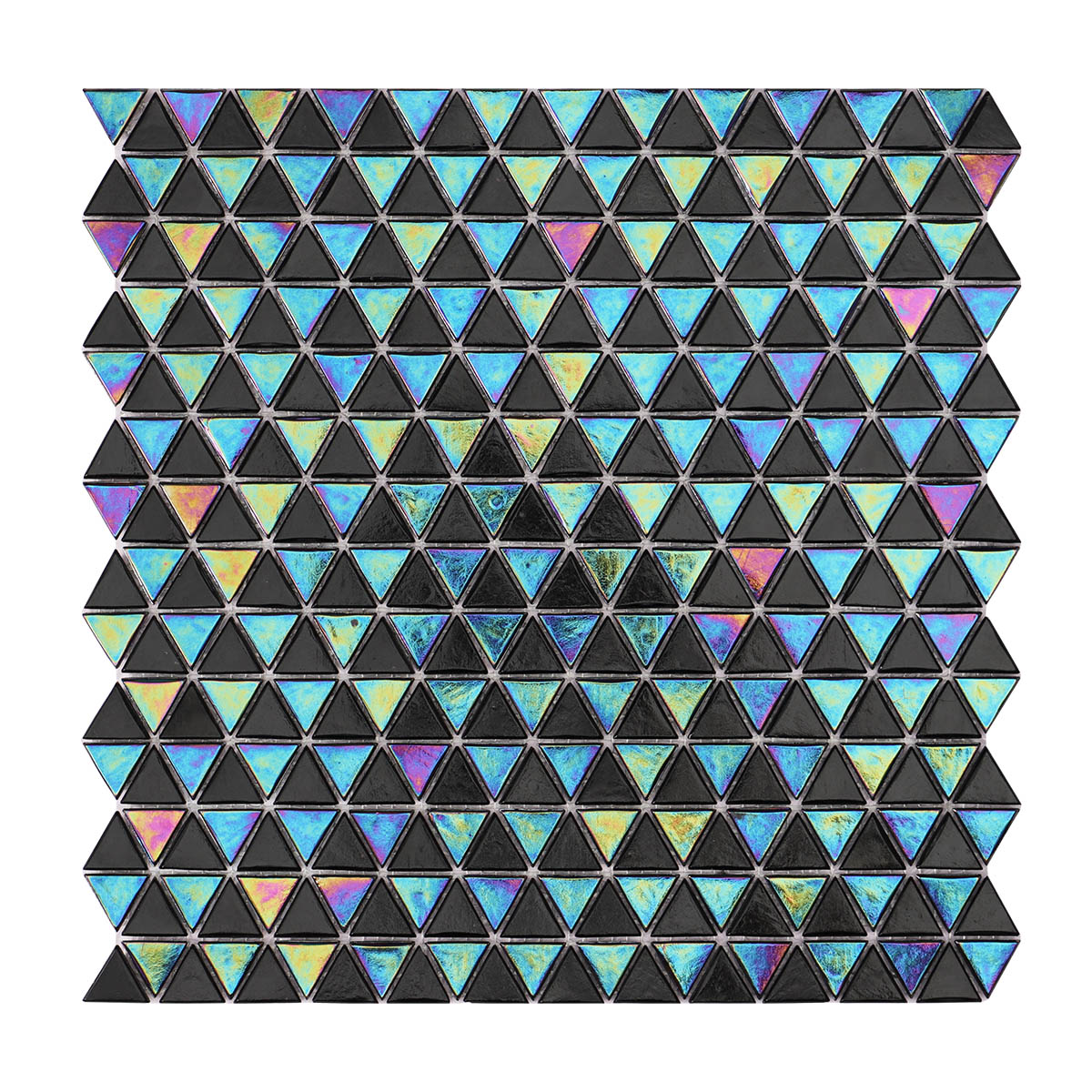 Checkerboard pattern with black iridescent triangle glass mosaic tiles in a single sheet view.
