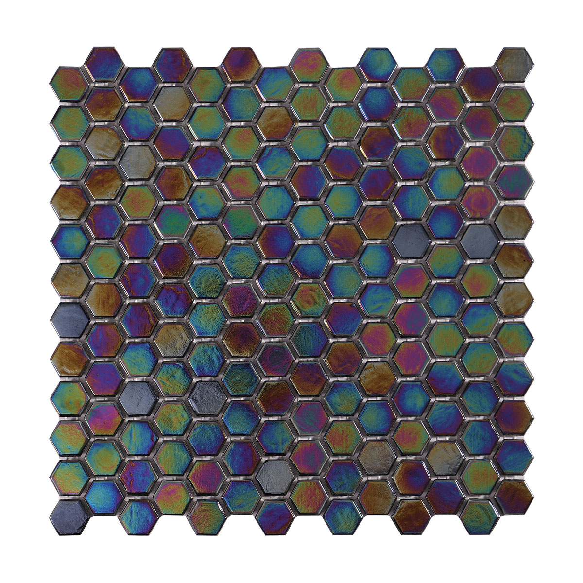 Hexagonal glass mosaic tiles with iridescent rainbow colors, shown in a single sheet