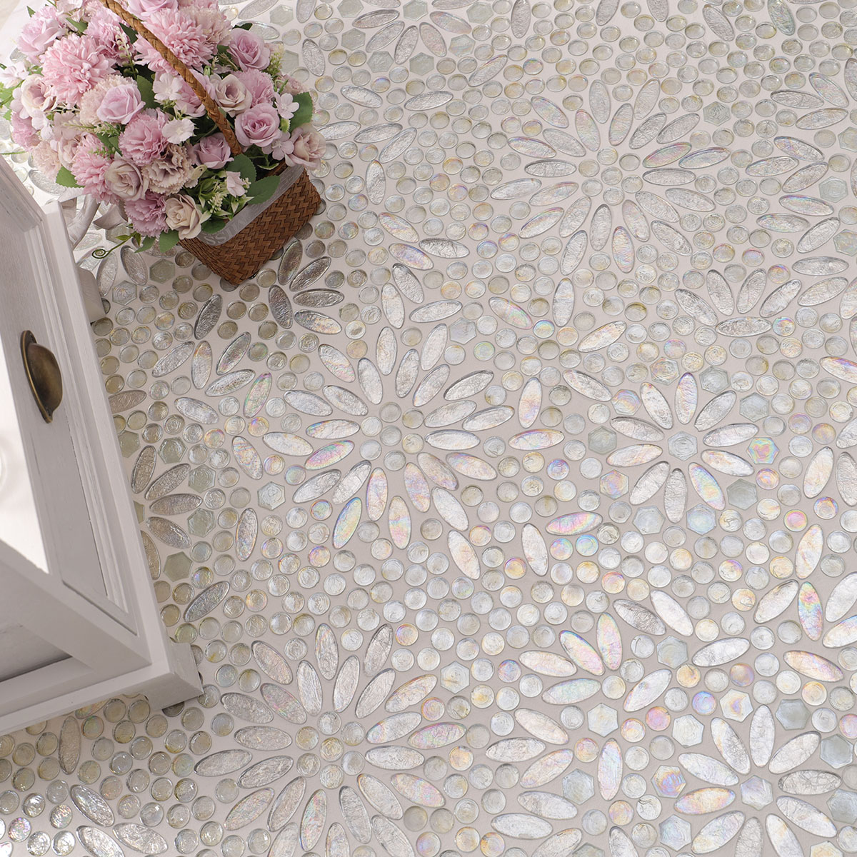 Opalescent Oval Flower Glass Mosaic Floor Tiles with a white table and pink flower bouquet