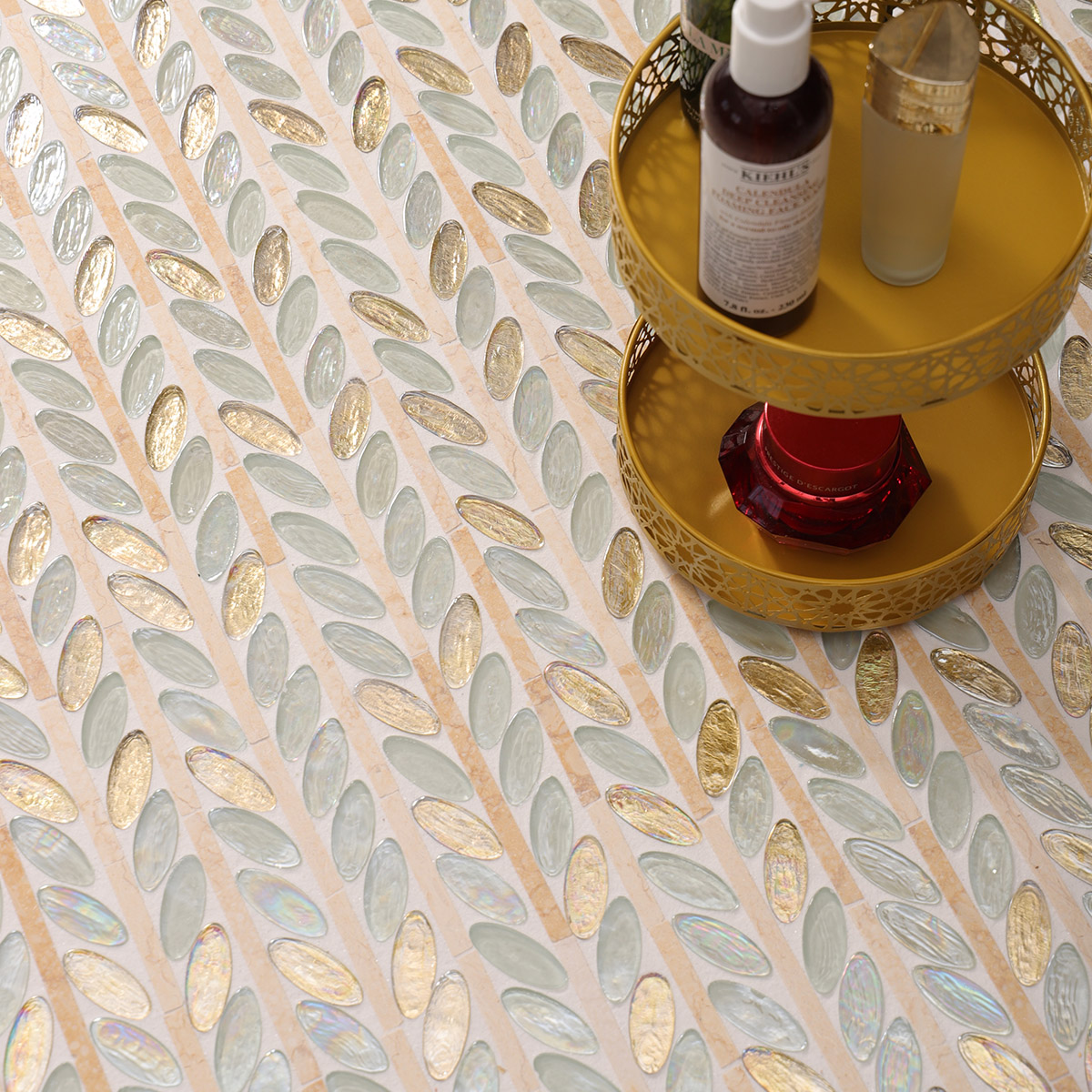 Floor arrangement with Glass and Marble Oval Leaf Mosaic Tiles and skincare