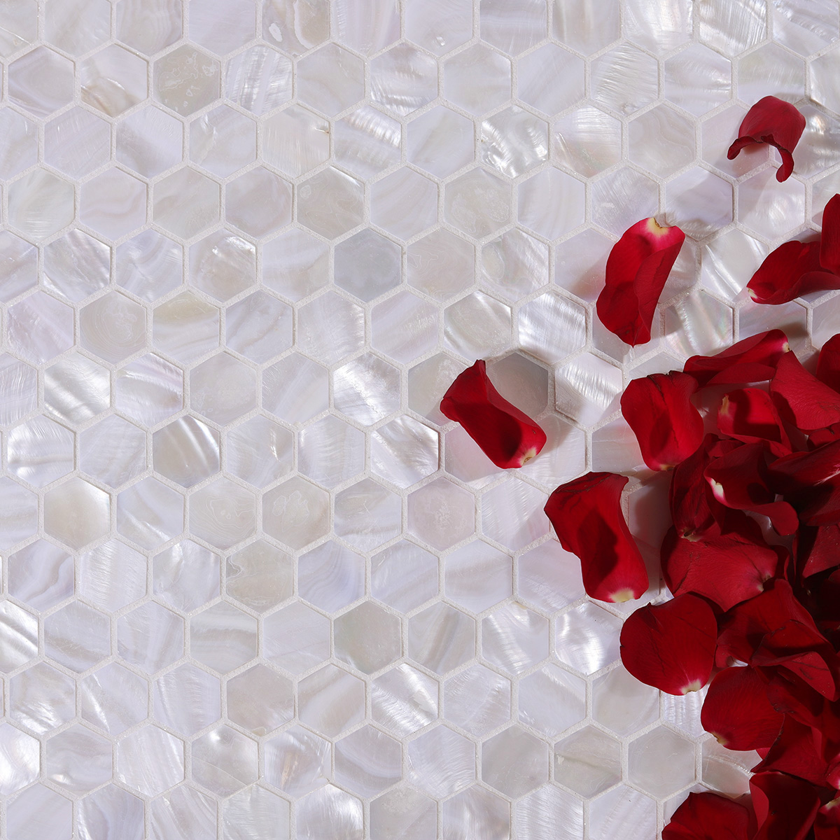 White hexagon mother of pearl mosaic tiles with rose petals beside them.