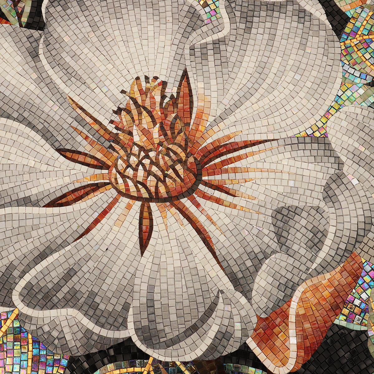 Intricate Glass Mosaic Flower Pattern Detailing