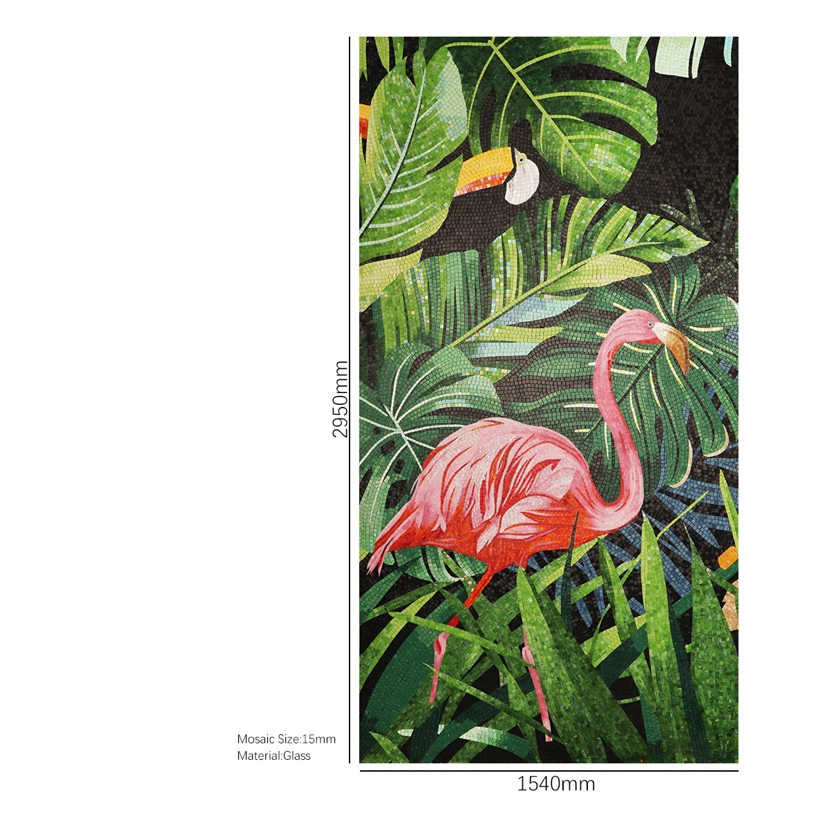 Full View of Flamingo Glass Mosaic Mural with Dimensions Displayed