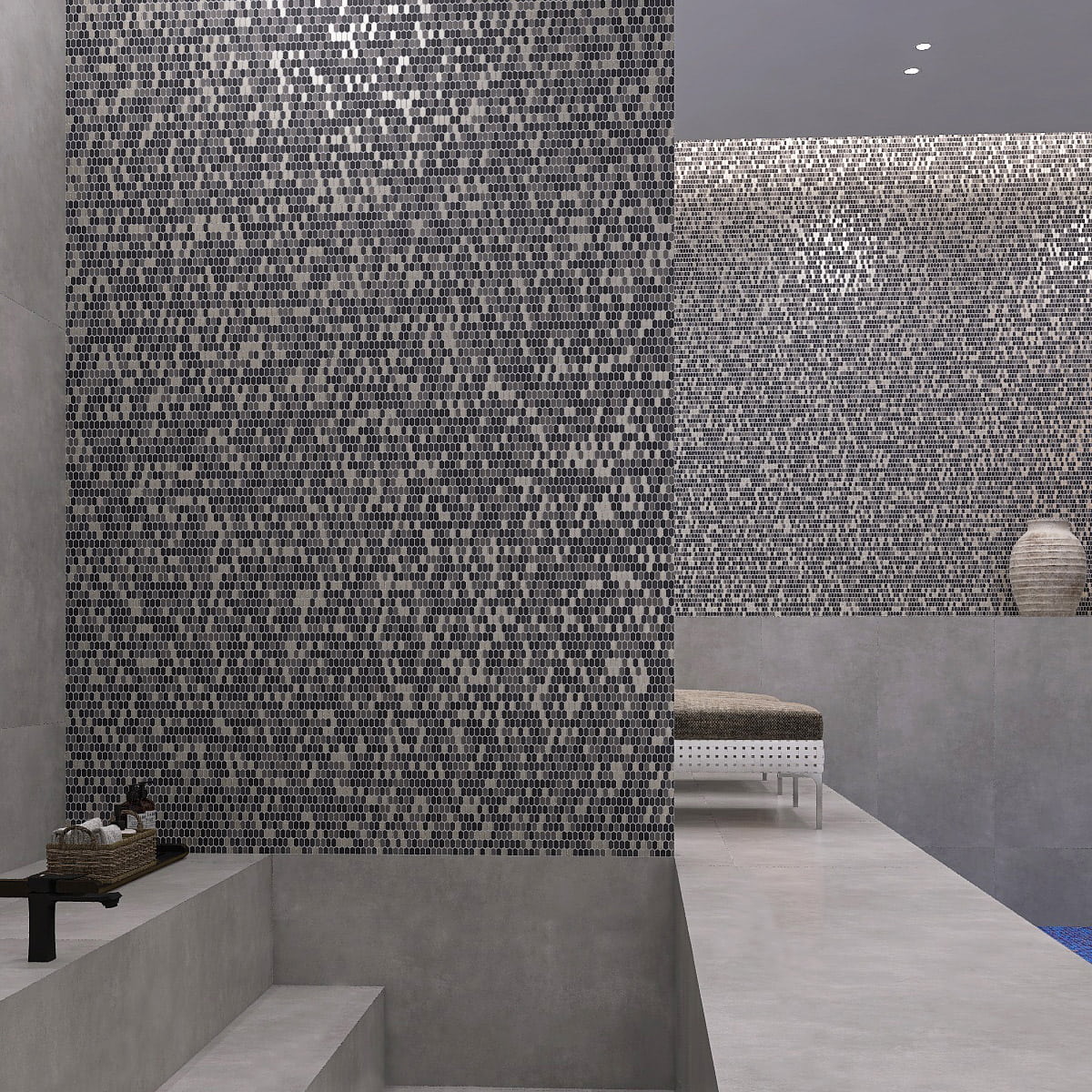 Contemporary wall design with a mixture of gray and metallic mosaic tiles.