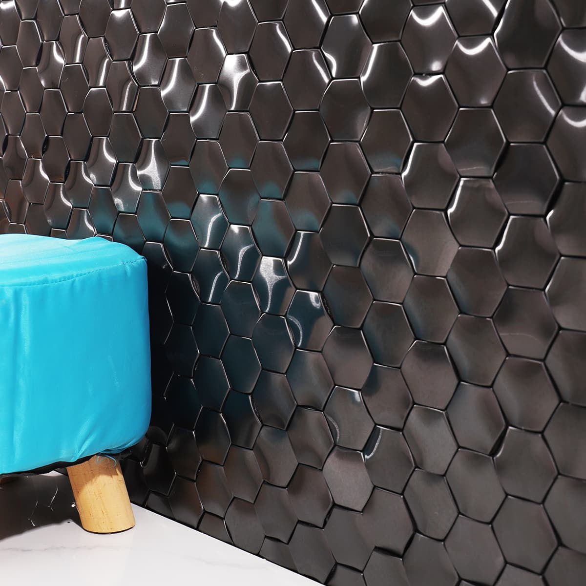 Wavy 3D Metal Black Brushed Stainless Steel Hexagon Mosaic Tiles