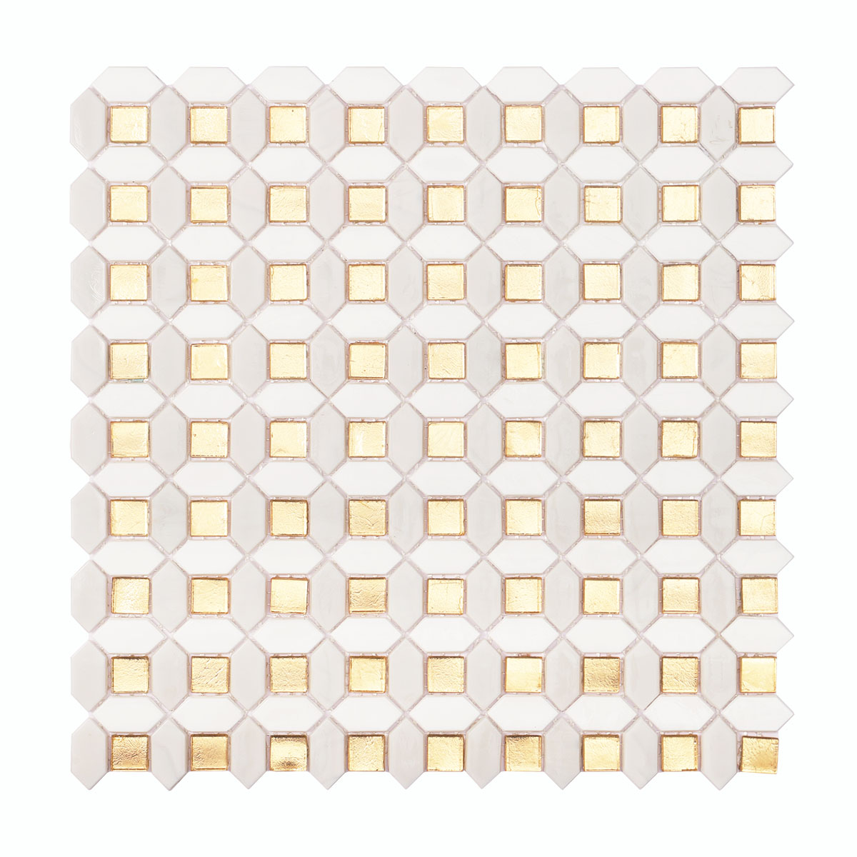 Sheet of gold and white glass mosaic tiles, showing the front side