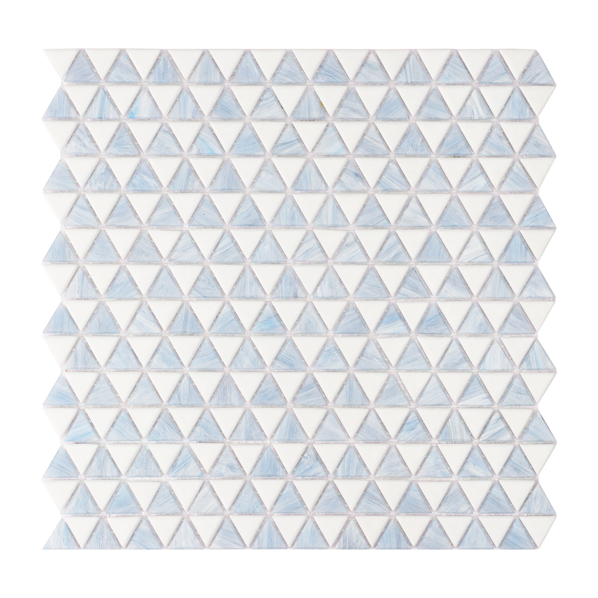 Sheet of blue and white checkerboard triangle glass mosaic tiles, showing the front side.
