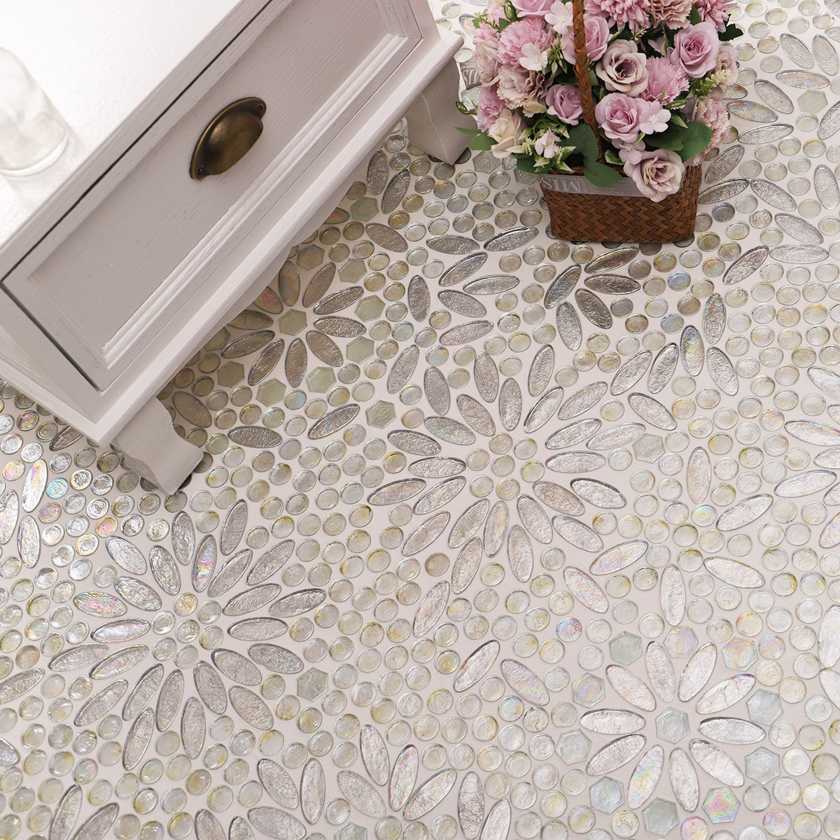 Room decor with Opalescent Oval Flower Glass Mosaic Floor Tiles, white table