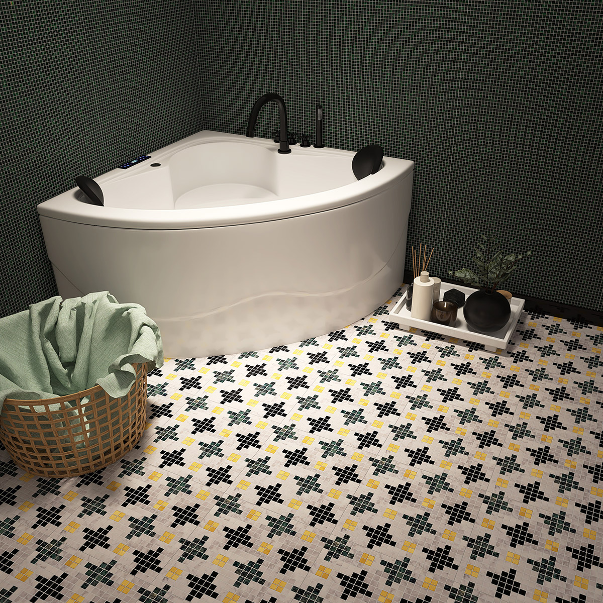 Stylish Bathroom with Green White Mix Gold Marble Metal Mosaic Tiles