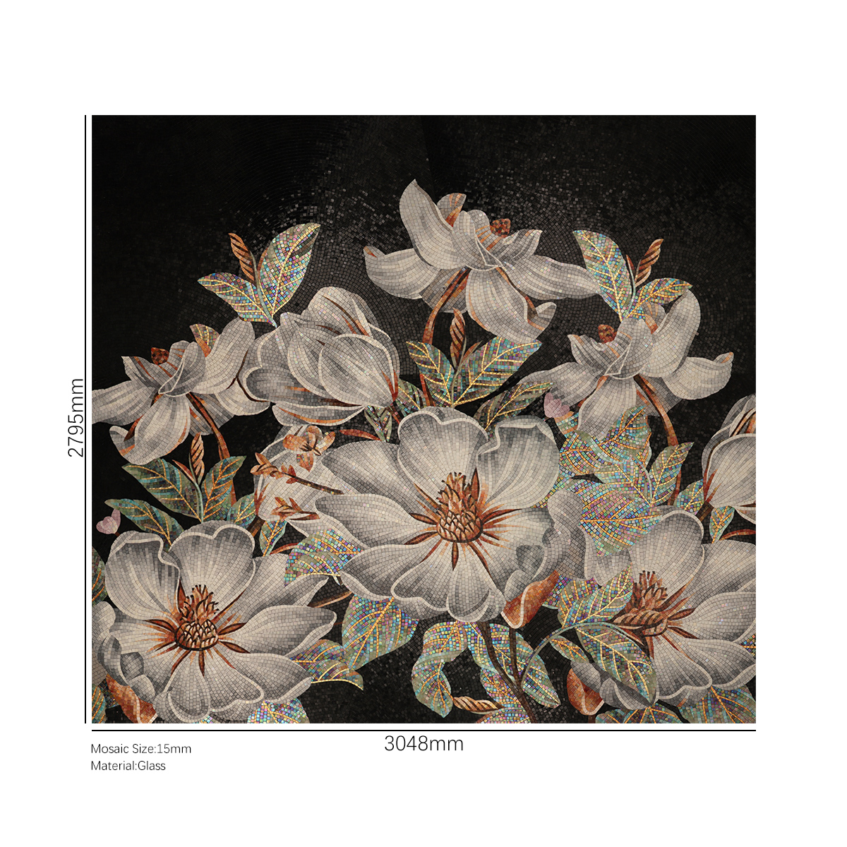 Full View of Customized Flower Pattern Glass Mosaic Art Tile with Dimensions Displayed
