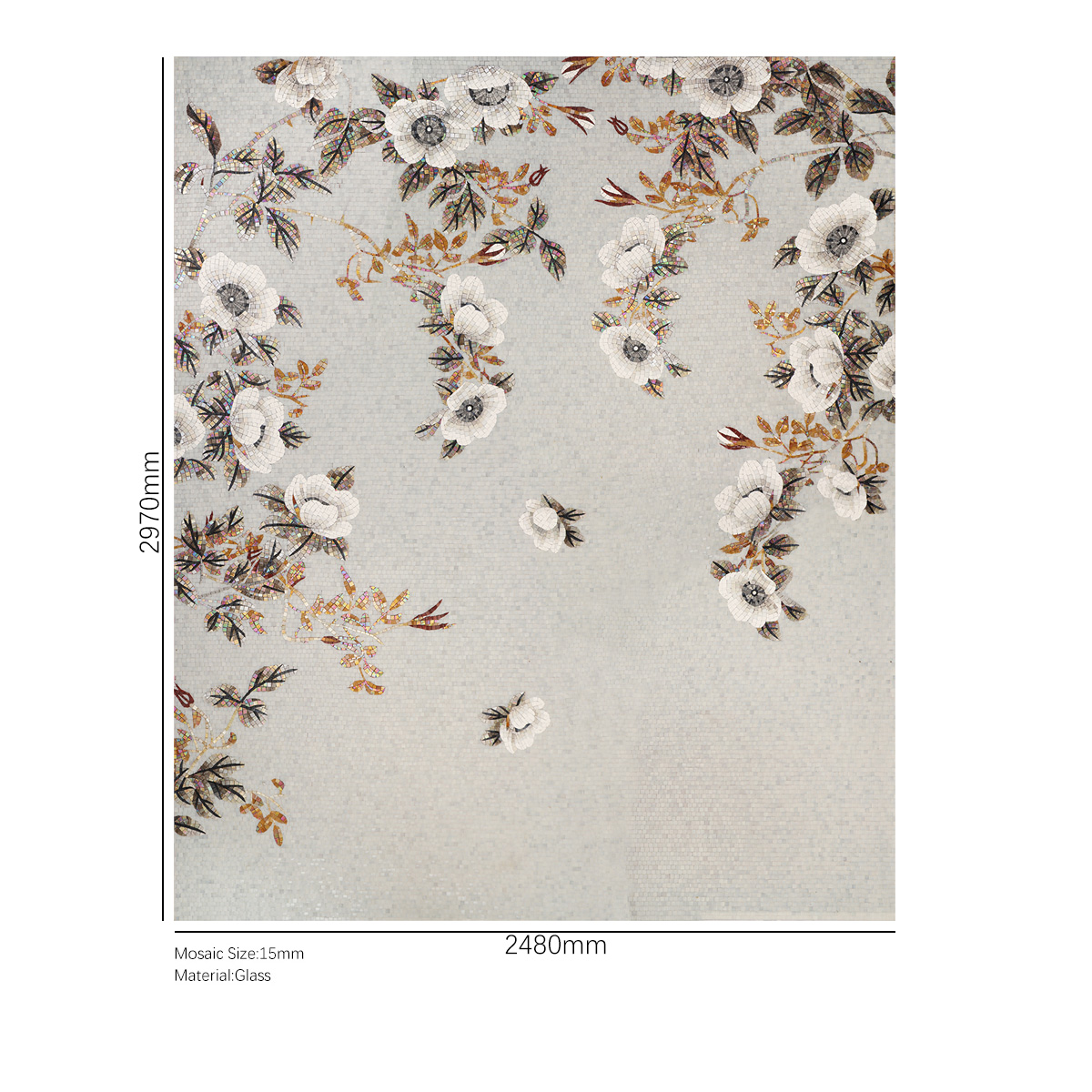 Hand-Cut Flower Mosaic Tile Mural with Dimensions Displayed