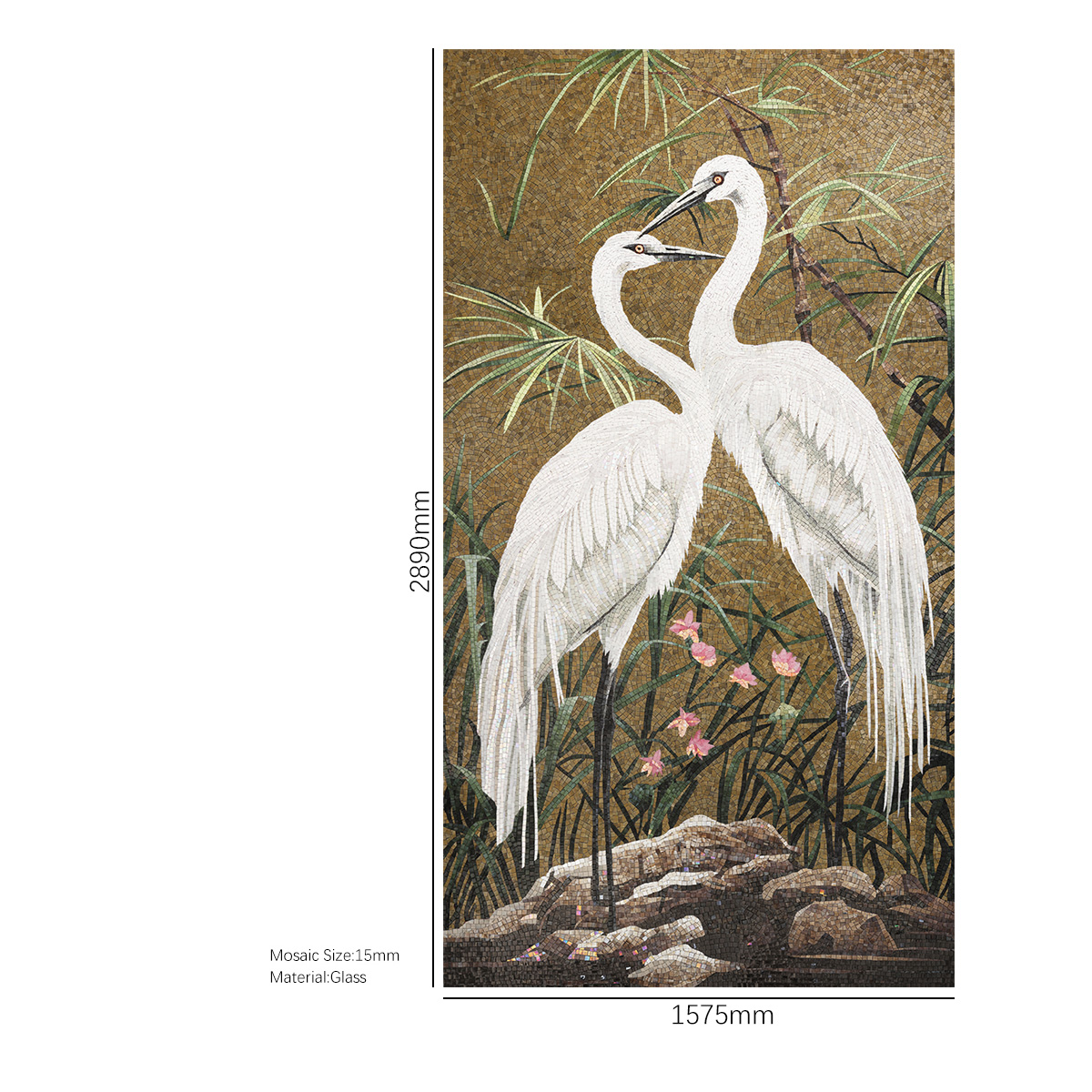 Full View of Custom White Crane Mosaic Mural with Dimensions Displayed