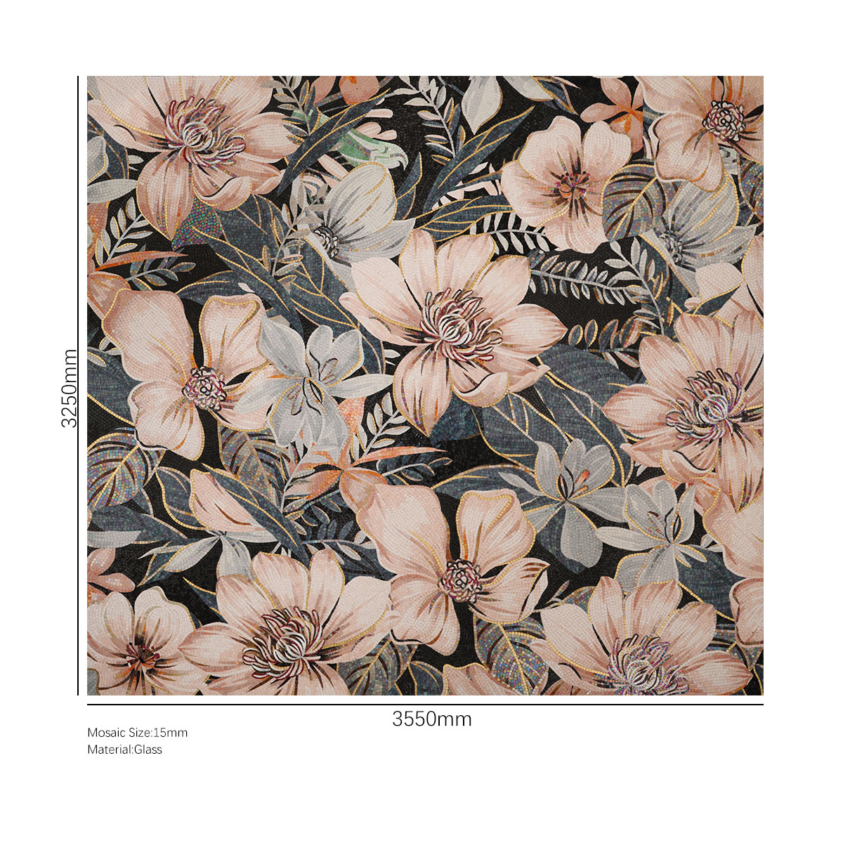 Full View of Floral Glass Mosaic Mural with Dimensions Displayed