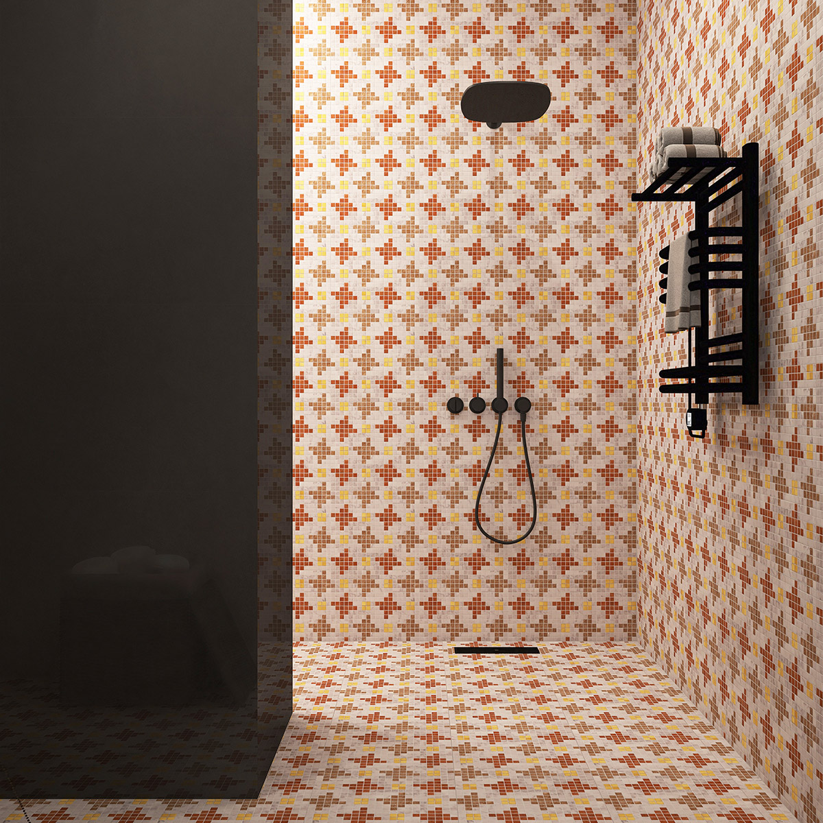 Elegant Bathroom with Marble and Metal Square Mosaic Tile Design